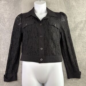 VTG Maakif Blazer Women's 10 Black Lace Button Jacket Shoulder Pads 80s 90s Crop
